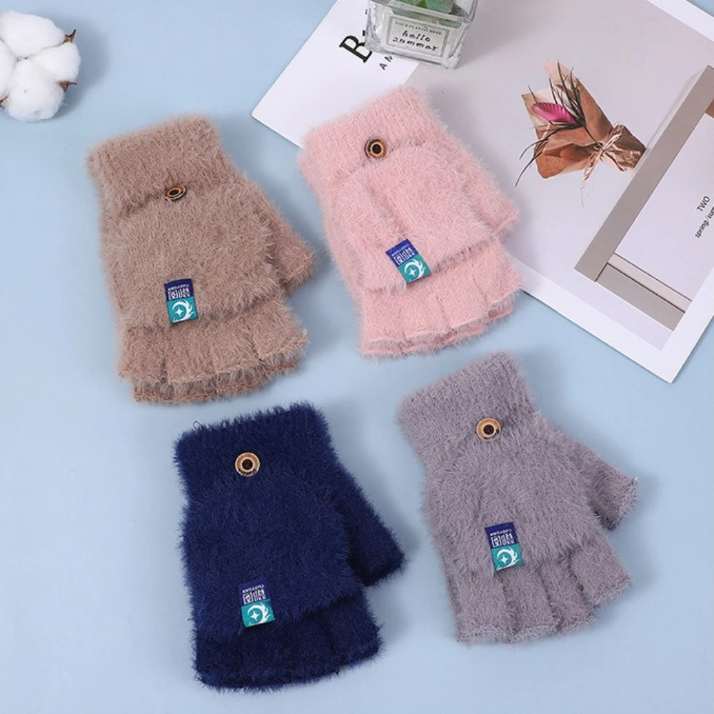 Fluffy Plush Fingerless Gloves Students Write Type Women Mink Soft Winter Warm Half Fingers Gloves Girls Knitted Mittens