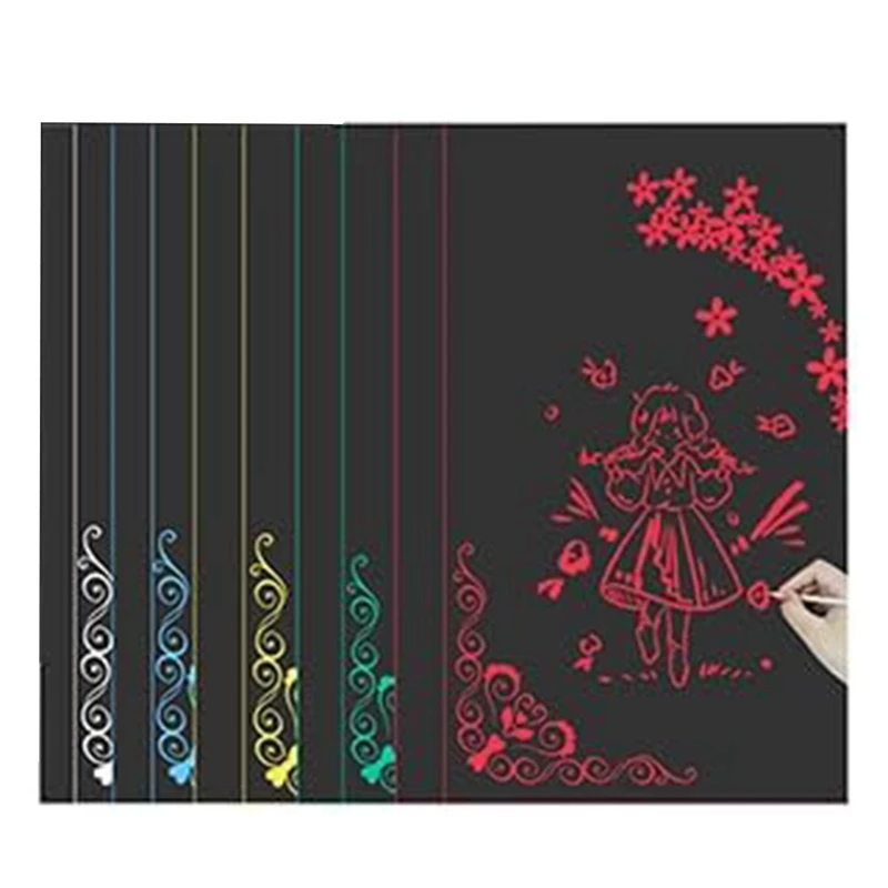 Top-A4 Gökkuşağı Kazı Kazan Kağıdı, Çizik Sanatı, Çizim, Gravür için 50 Sayfa (5 Tek Renk)