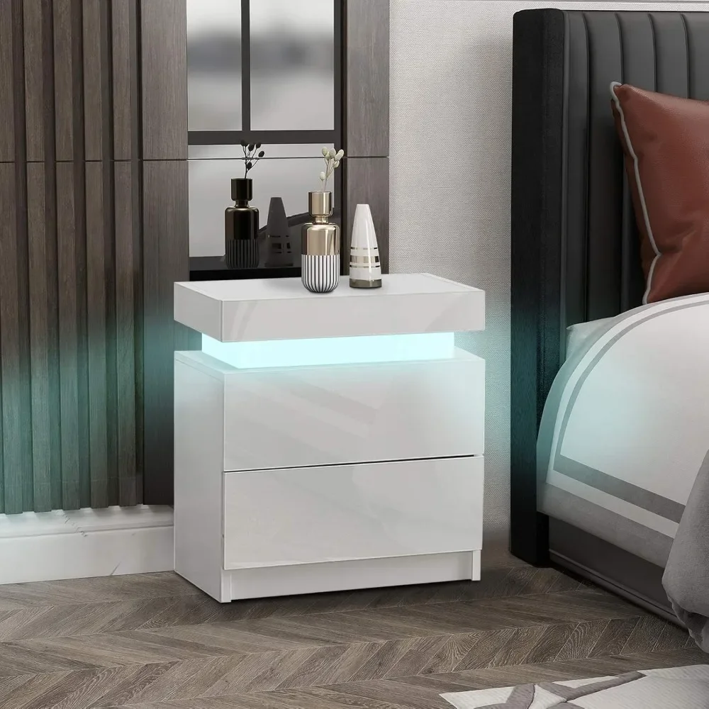 Modern Nightstand, LED Night Stand with 2 High Gloss Chest of Drawers, Bedside Table Cabinet with Remote Control Light, White