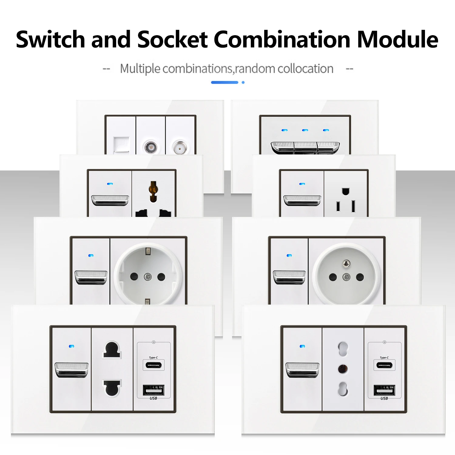 White Tempered Glass Panel Modular Wall Switch Socket Combo USB Type-C Charging Port Wall Outlet 4x2 118x75 for Home Office