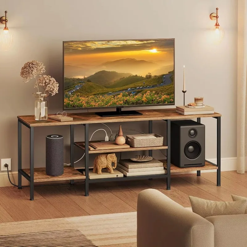 TV cabinet with power outlet, TV cabinet with open storage rack, living room media center, no assembly required