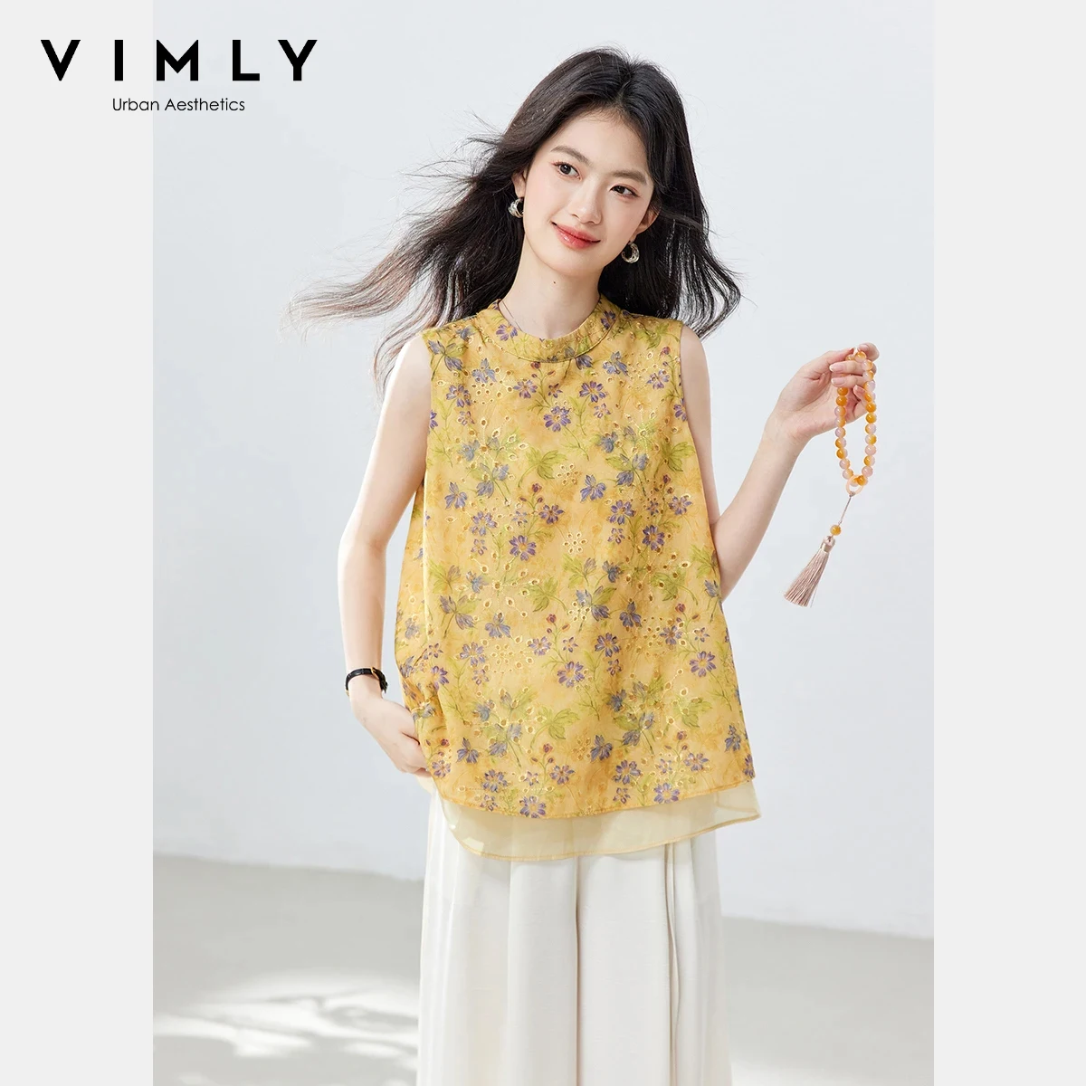 VIMLY Yellow Printed Embroidery Blouse 2026 Women's Stand Collar Chiffon Tops Summer Elegant Fashion Sleeveless Blouses A6292