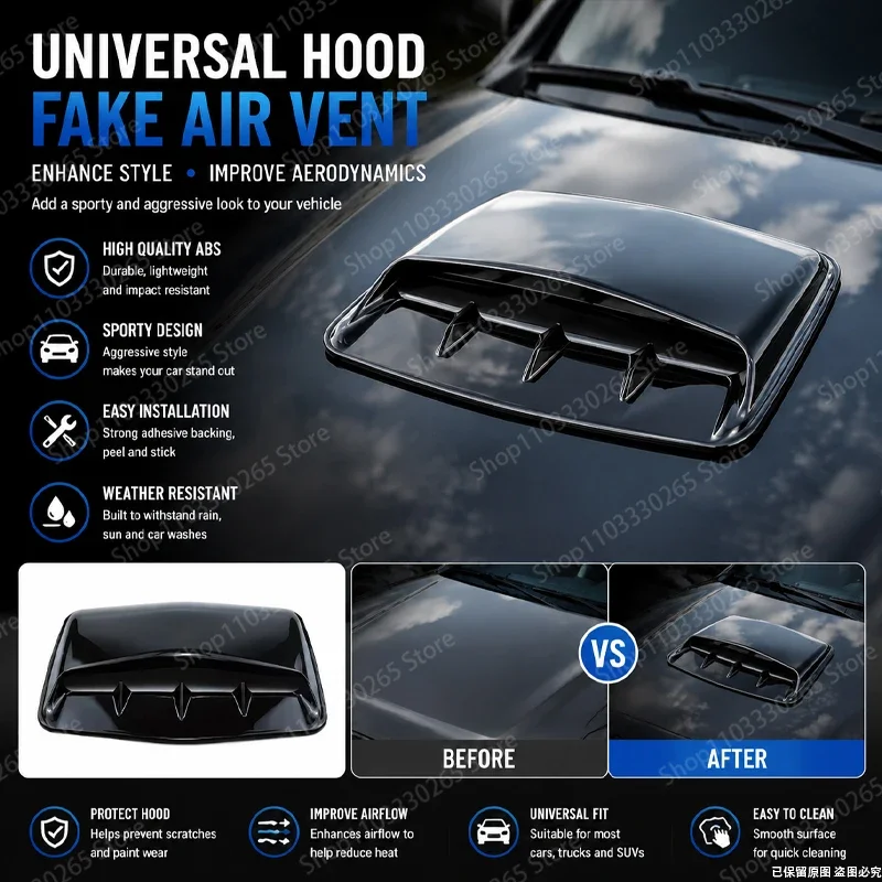 Universal Car Hood Fake Air Vent Cover, Glossy Black ABS Decorative Intake Scoop for Sporty Exterior Upgrade