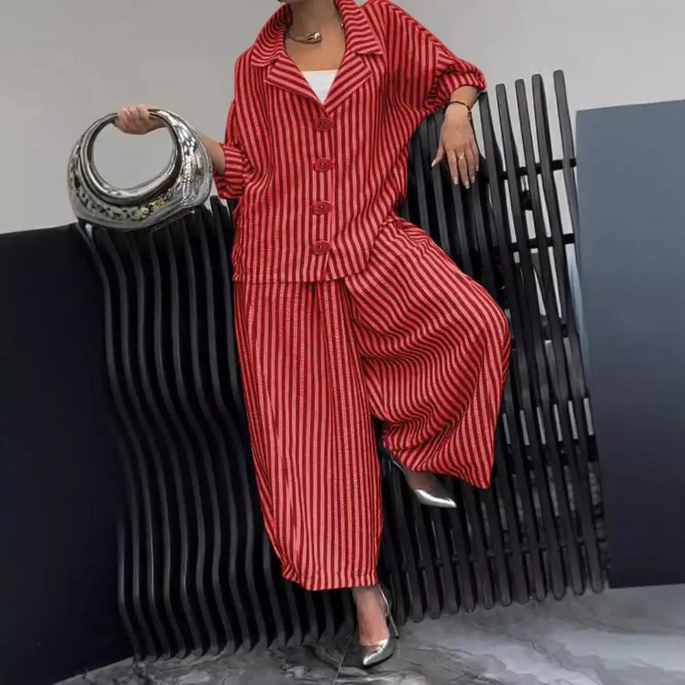 

Women Loose Fit Suit Autumn Women's Casual Suit with Long-sleeved Shirt Top Wide-leg Harem Pants Lapel Striped Nine-point Pant