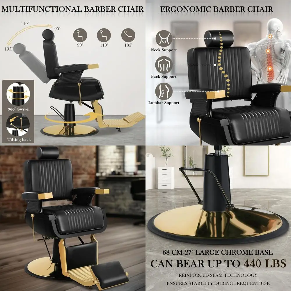 

Classic Barber Chair with Reclining Seat, Removable Headrest, 360-degree Swivel for Hair Salons and Barbershops, Black and Gold