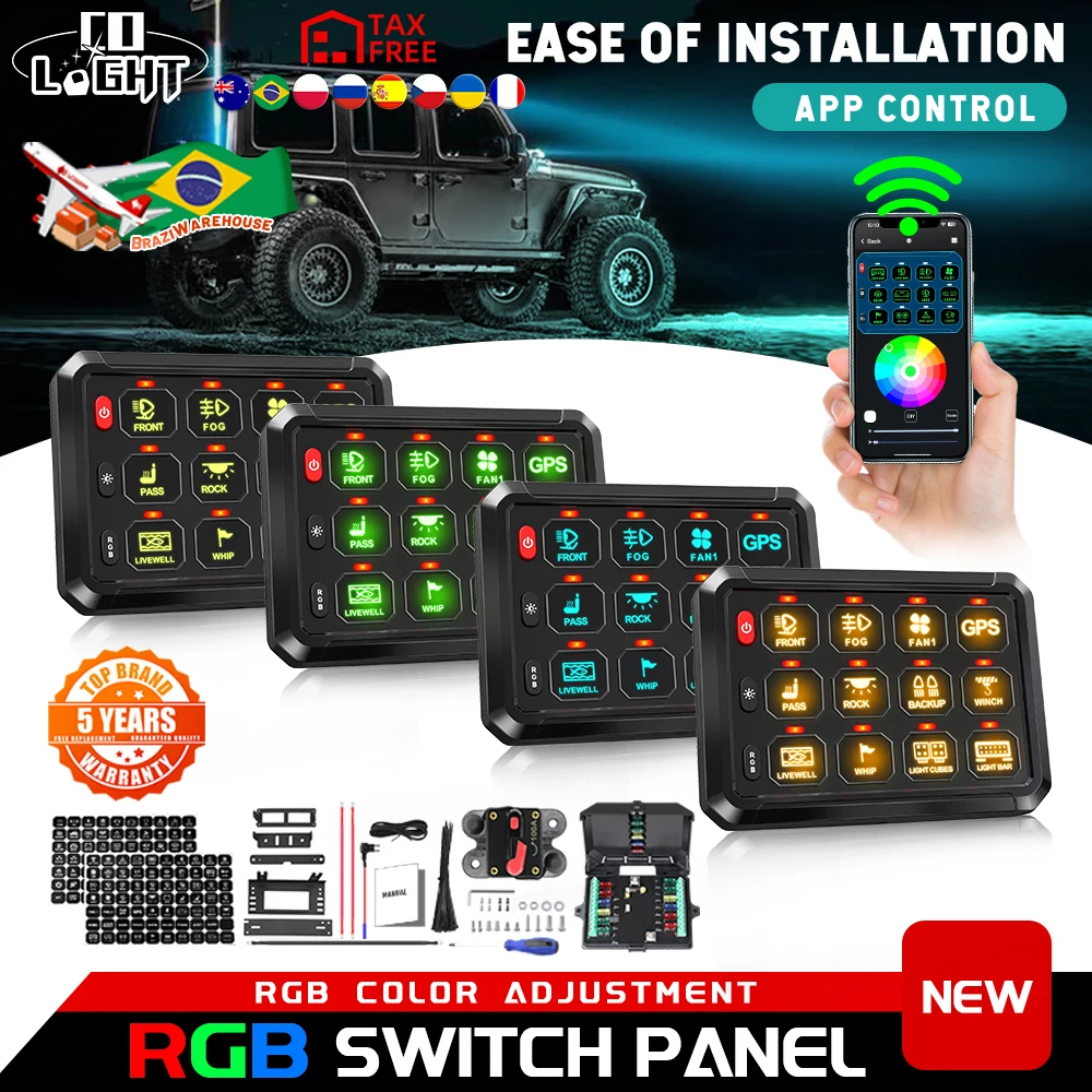 COLIGHT RGB APP 12Gang Switch Panel Multifunction Toggle Switch Button Auxiliary Control Box Electronic Relay for Truck ATV UTV