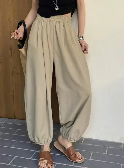 

Summer 2025 New Elegant Casual Pants Loose Haren Pants Solid Color High Belt Pocket Women Solid Color Loose Legged Lantern Pants