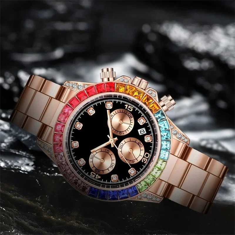 Fashion Mens Sports Watches Stainless Steel Day Date Watch Men Luxury Colored Diamonds Calendar Quartz Wristwatch Hip Hop Clock