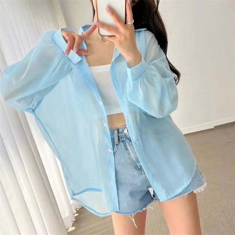 7 Colors Shirts Women Sheer Thin Chic Summer Simple Solid Sun-proof Tops Fashion Baggy All-match Basic Korean Style Sexy Clothes
