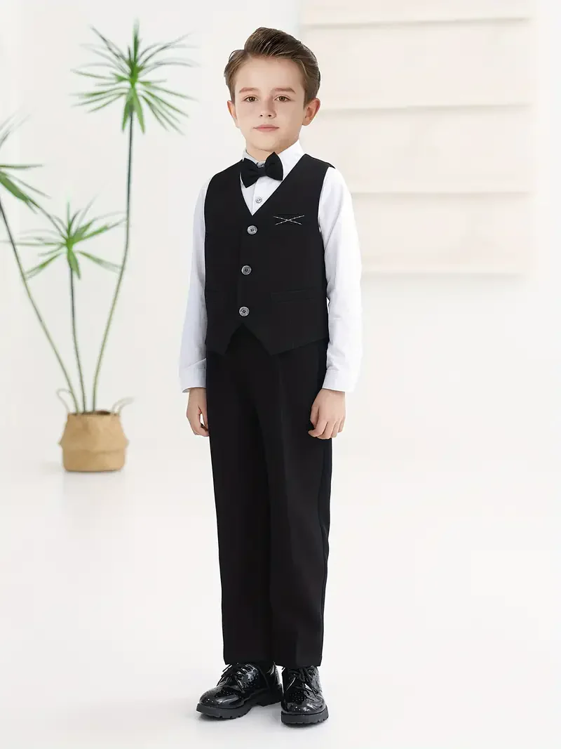 School Kids Black 5Pieces/Set Jacket Vest Pants Brooch Bowtie Photography Dress Boys Wedding Suit Childre Performance Costome