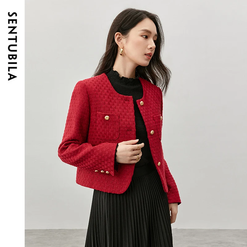 SENTUBILA Luxury Texture Women\'s Jacket 2024 Autumn Winter O Neck Metal Single Breasted Straight Elegant Outerwears 144W57422