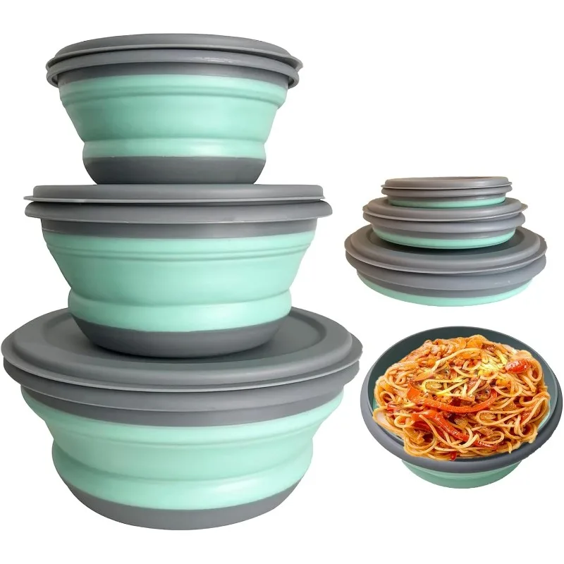 Conjunto de 3 Caixas de Almoço de Silicone Dobráveis, Tigelas Portáteis para Piquenique, Camping e Caminhadas, com Tampa, Grau Alimentício, Economia de Espaço