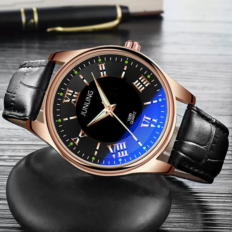 Jam Tangan Bercahaya Tali Kulit PU Ultratipis Jam Tangan Pasangan Jam Tangan Pria Modis Sederhana Versi Korea Pelajar Pria