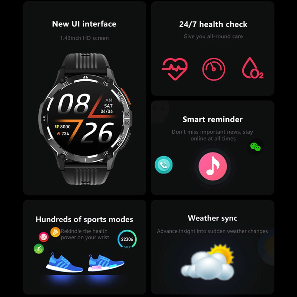 1,43 pulgadas AMOLED 466*466 pantalla llamada de diente azul Smartwatch hombres Monitor de salud Smartwatch mujeres noticias Push cronómetro deportes sueño