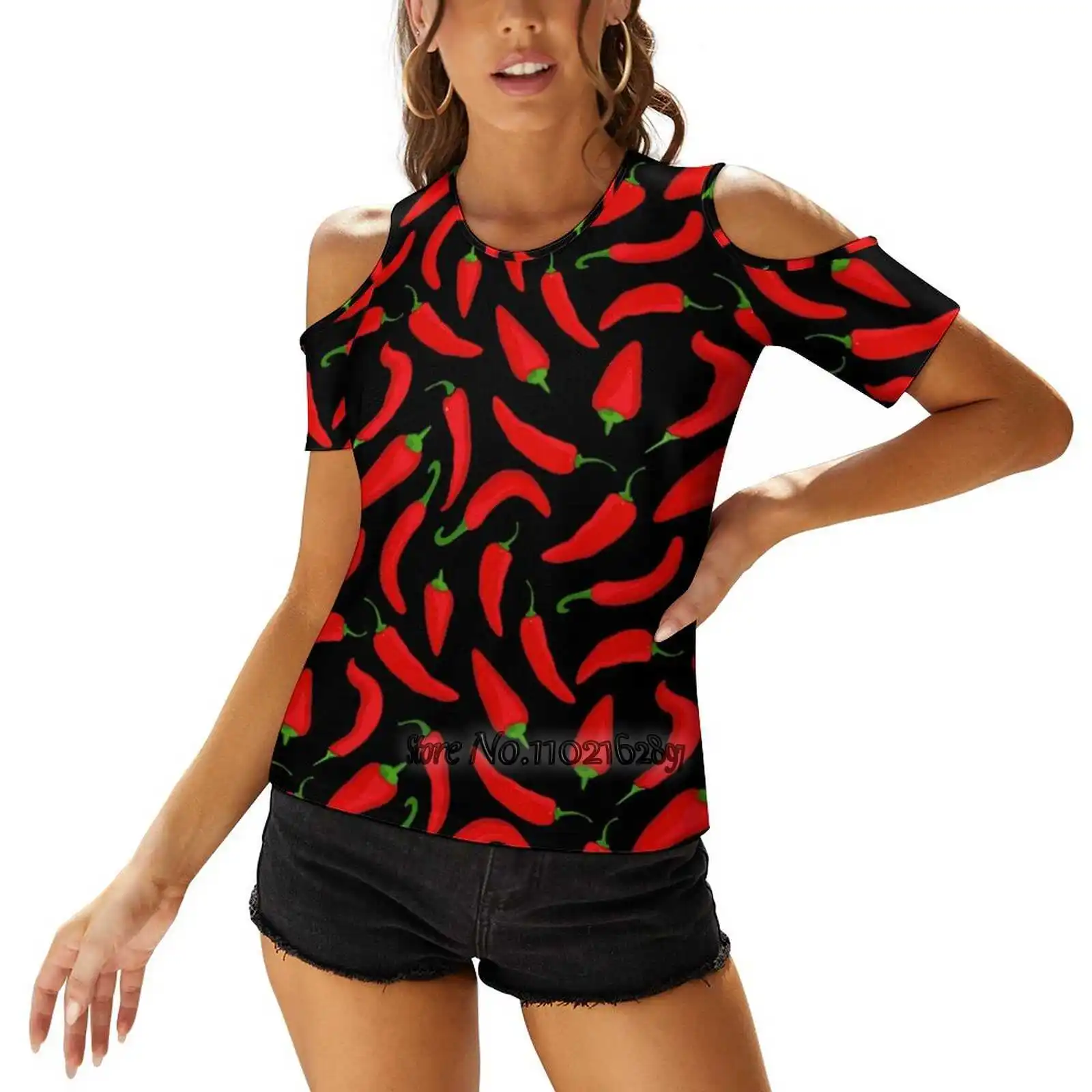 Red Chilli Pepper Pattern On Black Women's T-Shirt Casual Short Sleeved Tops Tee Ladies Loose T Shirts Red Chilli Pepper