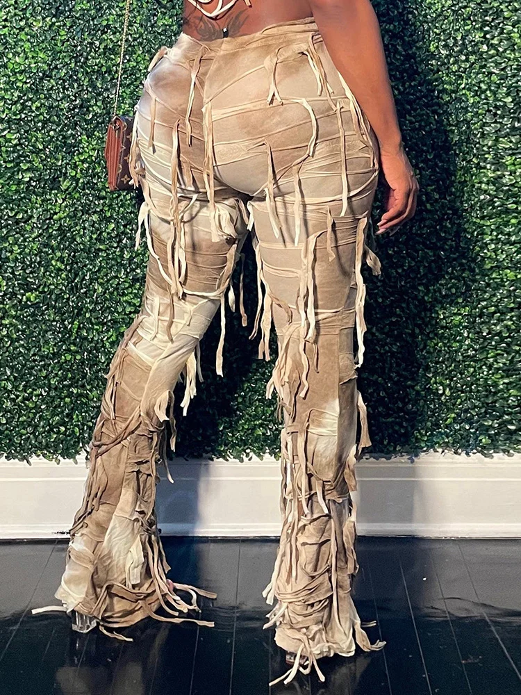 Sexy Streetwear Tie Dye Print Tassel Stacked Pants Women 2026 Autumn Fashion High Waisted Flare Bell Bottom Trousers Club Outfit