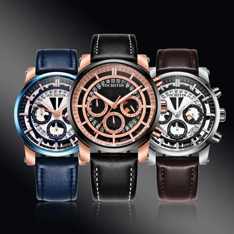 

Hollow Pilot Series Calendar Chronograph Wristwatch Leather Luminous Sport Waterproof Business Men's Watch Fashion