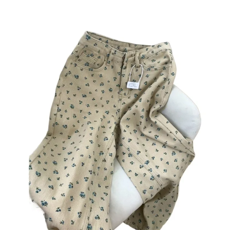American Retro Floral Wide-leg Jeans Women's Autumn Winter High Street Design Sense High-waisted Loose Drape Straight-leg Pants