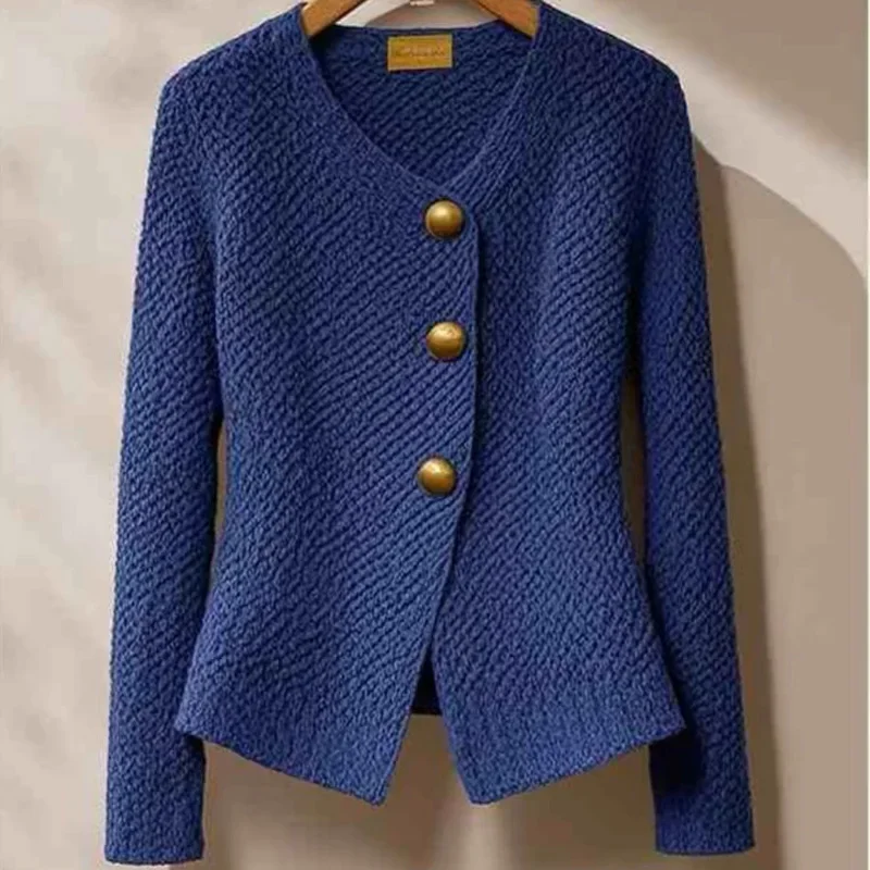 Autumn Winter Fashion Solid Chic Button Thick Knitter Cardigan Women's Clothing Elegant Wool Slim V-neck Commute Blue Sweaters