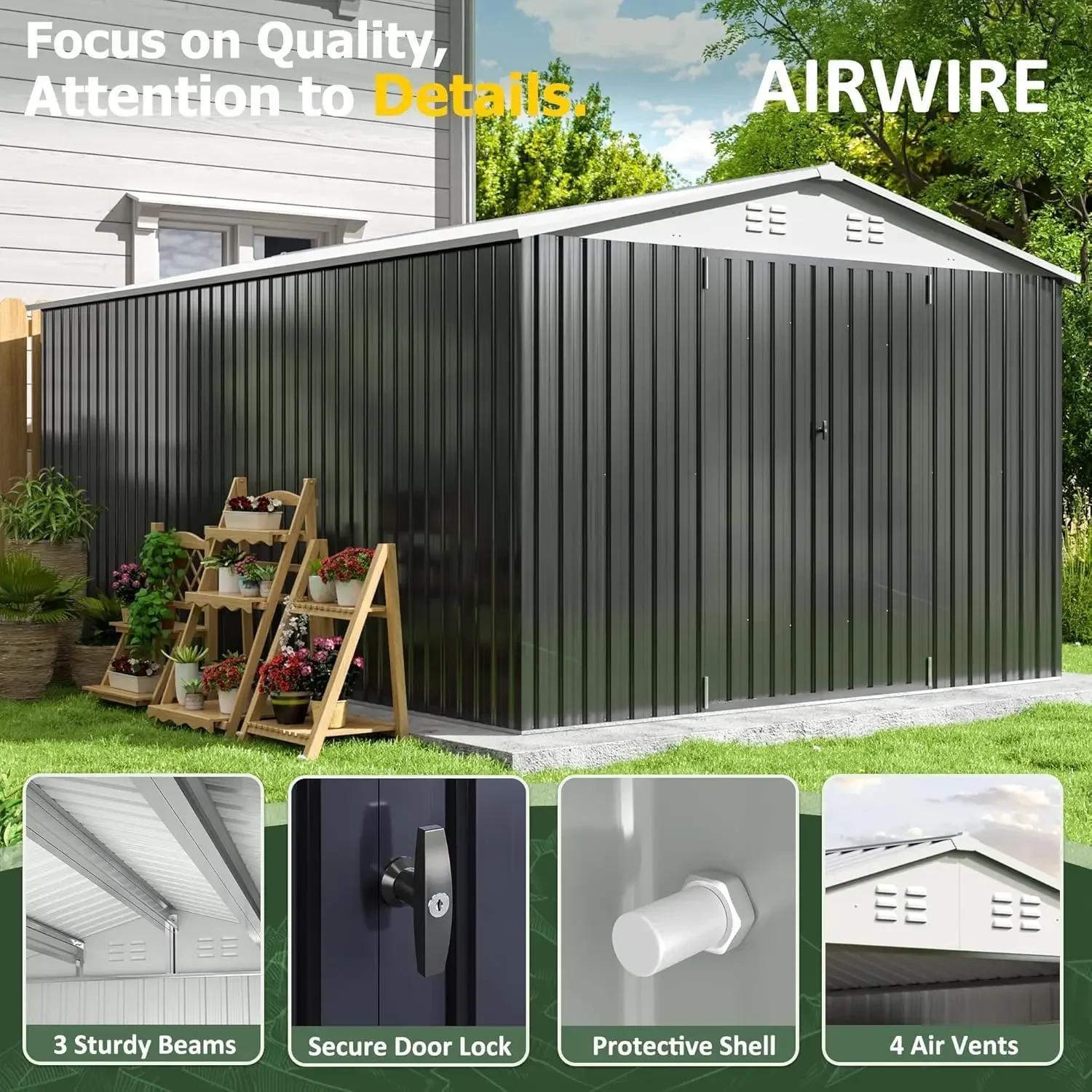 10x14 FT Outdoor Storage Shed, Garden Shed with Updated Frame Structure and Lockable Doors,Metal Tool Sheds for Backyard Garden