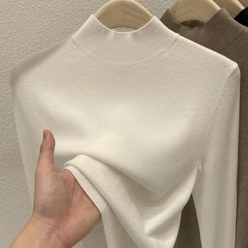 Autumn Winter Base Shirt with a Stylish Interior a Semi High Collar Women\'s Clothing Slim Fit Long Sleeved Mid Neck Design Tops