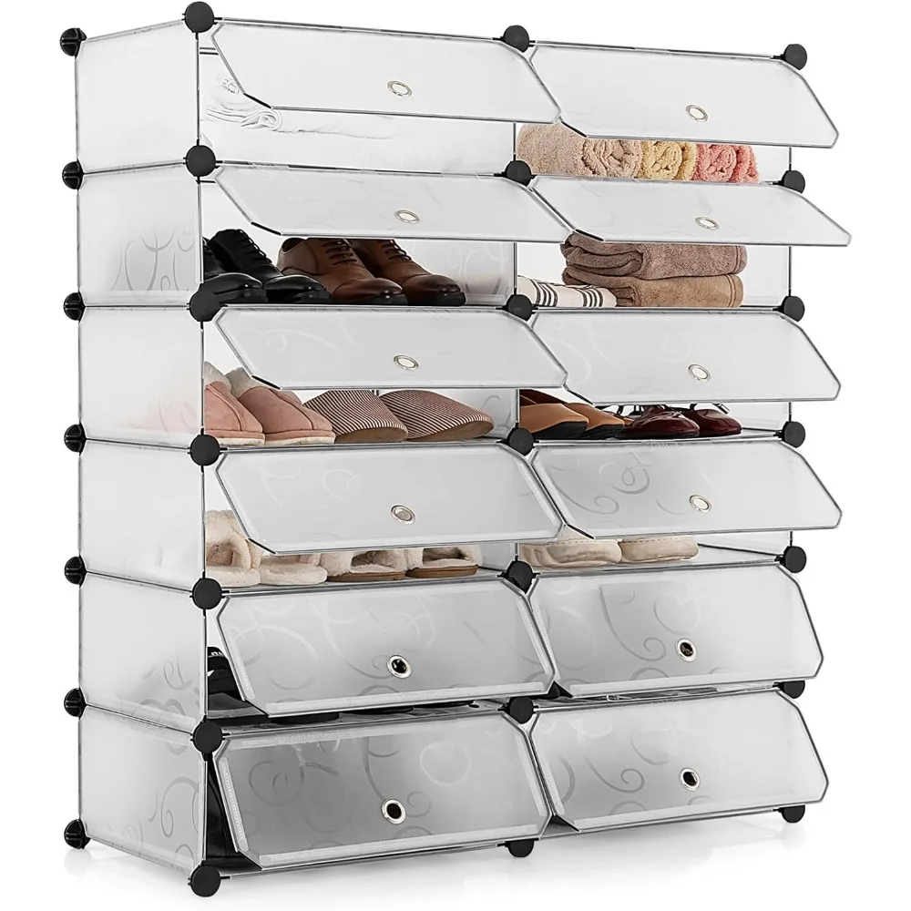 12-Cube Shoe Rack Organizer,DIY Cubes,Modular Plastic Shoes Cabinet with Transparent Doors,6-Tier Shoe for 24 Pairs Shoes(White)