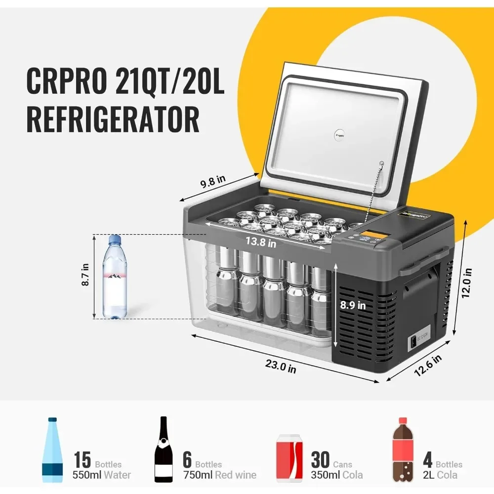 Refrigerator, 21 Quart Compressor Cooler & Car Fridge, Less Power Consumption and Shock-proof, Portable Refrigerator