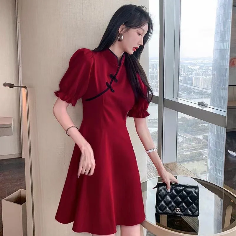 Sweet Temperament Bubble Sleeve Qipao Dress Women's Summer New Style Waist Cinching Slimming Tea Break Date Dress