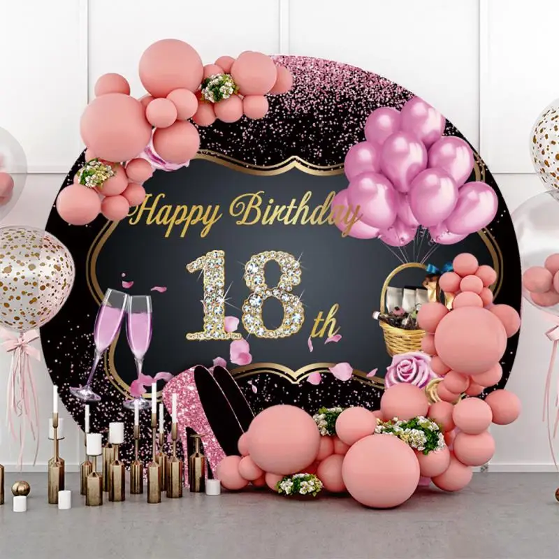 Happy 18th Birthday Round Backdrop Cover Gold Pink Black Balloon Girl Boy 18 Years Old Party Photography Background Photo Studio