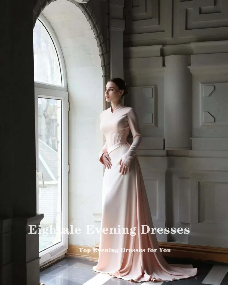 Eightale アラビアイブニングドレスカスタマイズされた V ネック長袖ライトピンクマーメイドイスラム教徒ウエディングウェディングパーティードレス abiye düğünlük