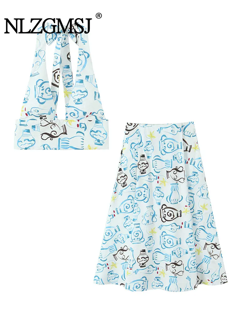 

Лето 2025 г., сексуальный женский костюм с принтом, висячим воротником, короткий топ с открытой спиной, длинная прямая юбка, модные пляжные комплекты