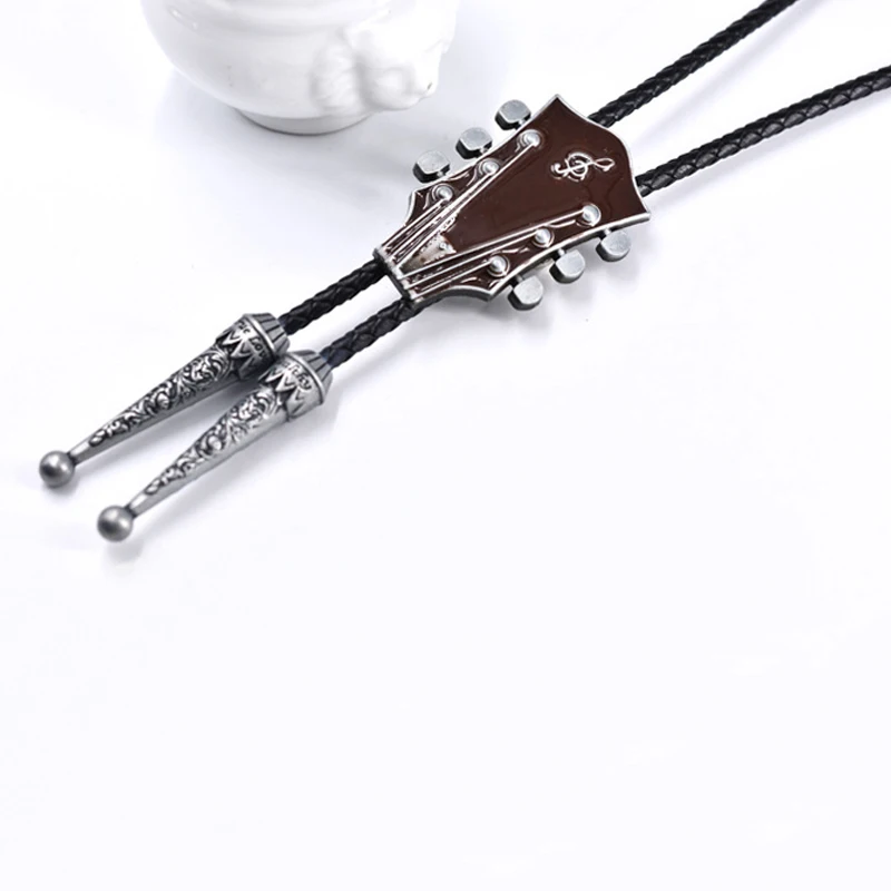 Western Cowboy Country Music Guitar Head Pendant Leather Collar Rope Rodeo Bola Bolo Bow Ties Men Necktie Fashion Jewelry Gift