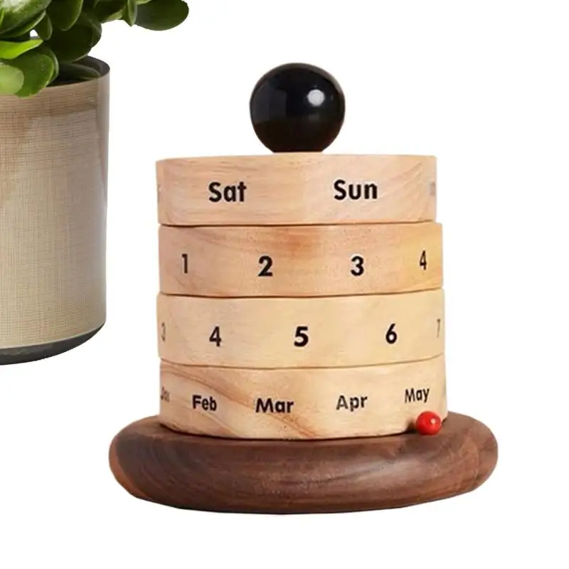 Wooden Rotating Calendar Calendars Cylinder Chic Rustic Decoration Desktop Wooden Perpetual Calendar Ornament For Office Desk