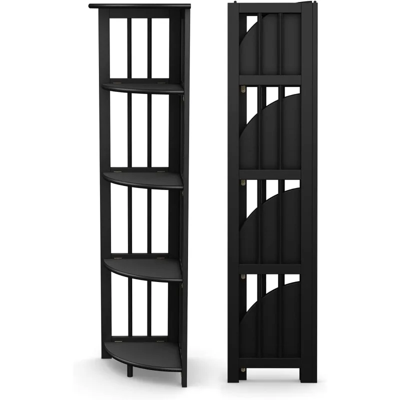 

5-Tier Folding Corner Bookshelf | Black Wood Finish | 51x12.5x12.5 Inches | Corner Book Shelf for Books and Trinkets