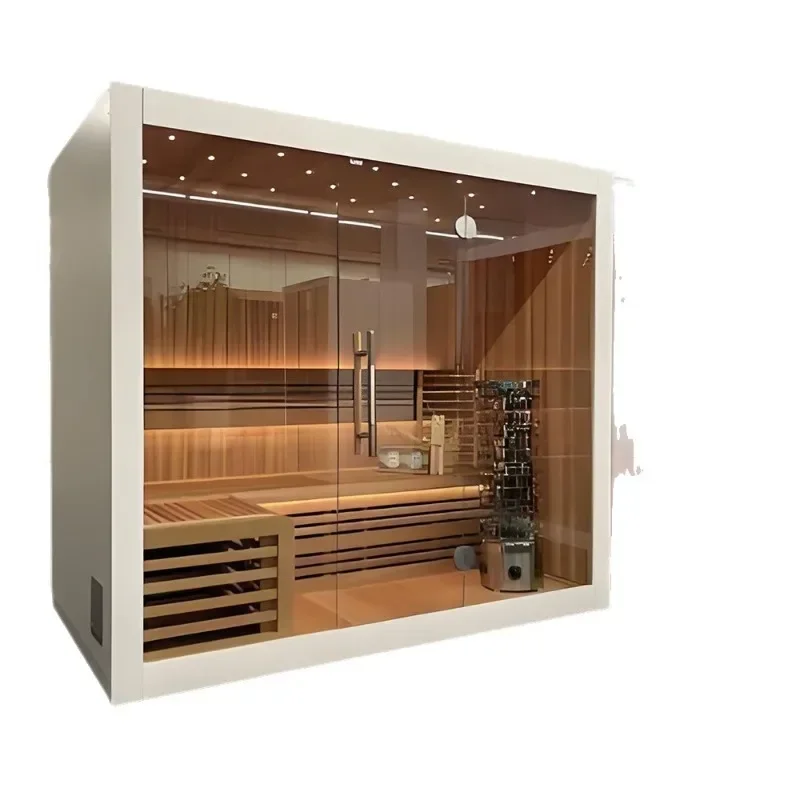 Square traditional sauna with solid wood design Steam room with intelligent control panel