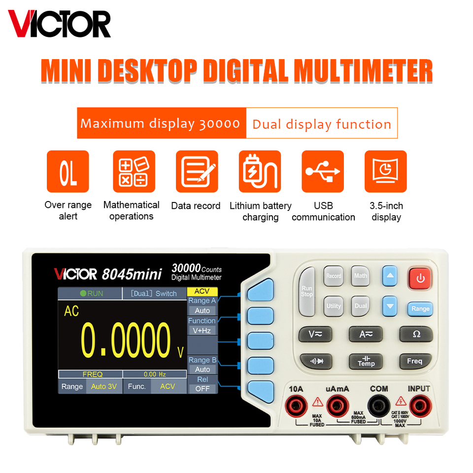  Victor 8045mini Digital Multimeter Desktop 30000 Counts TFT Screen Type C Charger USB Connect Cable Capacitance Multimeter 
