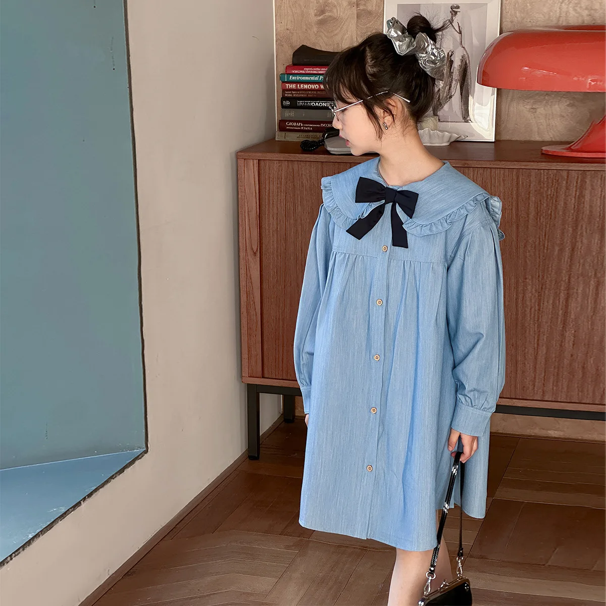 الكورية الخريف الاطفال الفتيات فستان Bowknot بيتر بان طوق المراهقات فستان من قطعة واحدة واحدة الصدر الأطفال الفتيات فستان #2