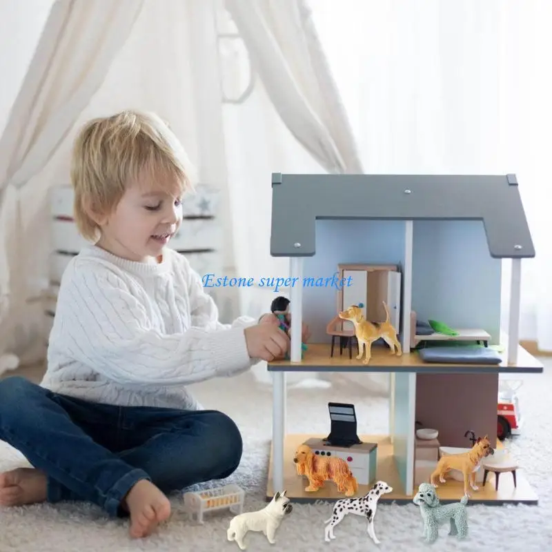 090B Dog Statue Figure Toy Kids Collection Poodle Dog Figurine Desk Display Decors