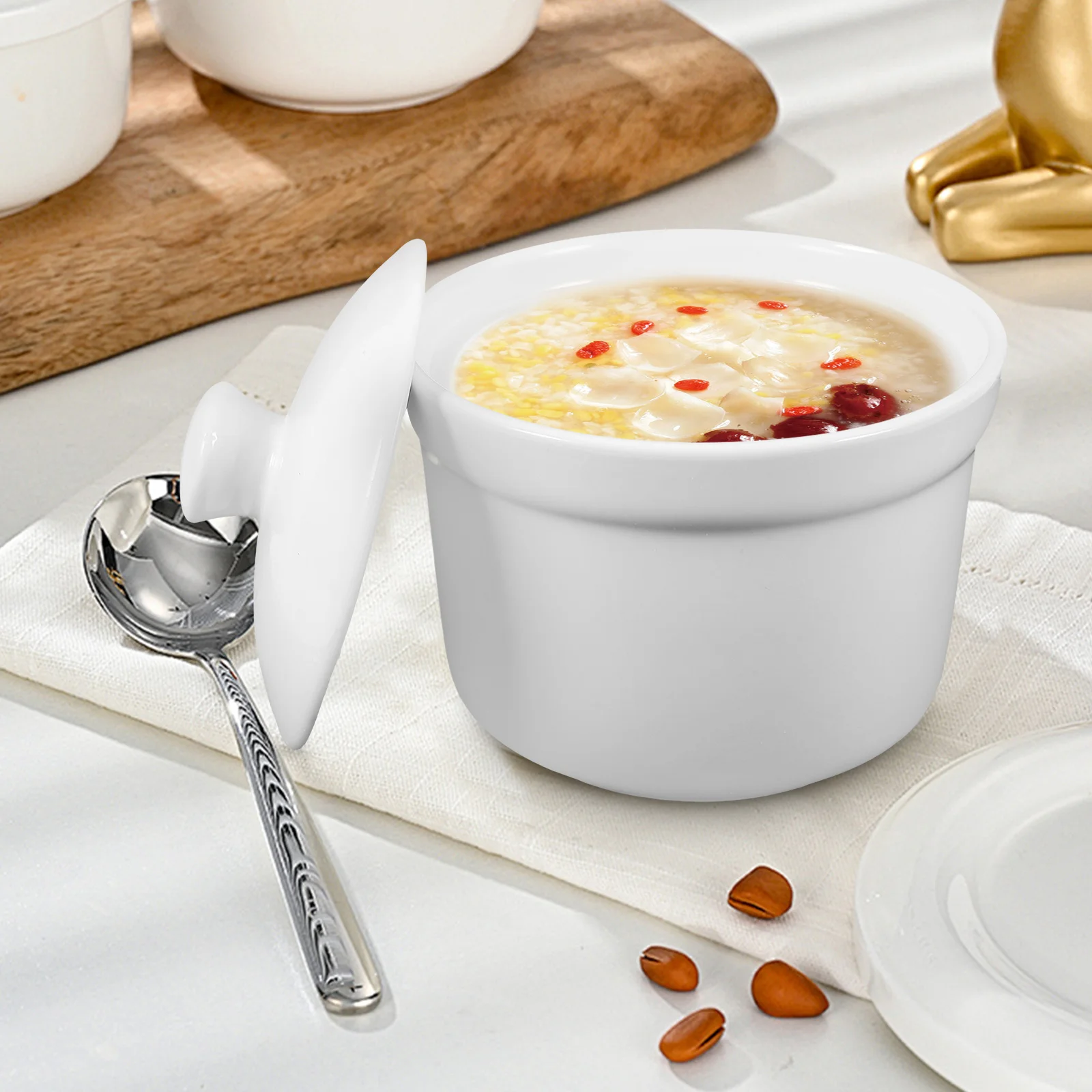 

2Pcs Ceramic Stew Pot Lidded Bowls Classic Soup Holder Kitchen Steamed Egg Bowl Dessert Cup Soup Pot Ceramic Bowl