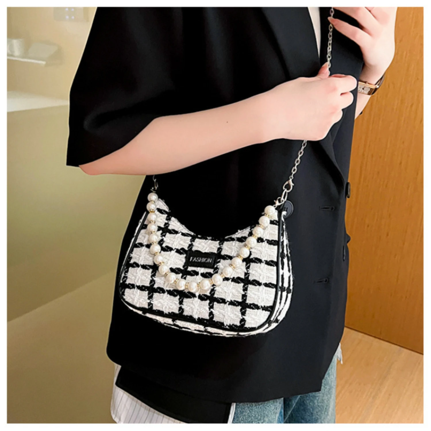 

Plaid Canvas Shoulder Bag With Faux Pearl Chain- Fashion Chain Crossbody Bag- Luxury Tweed Hobo Bag