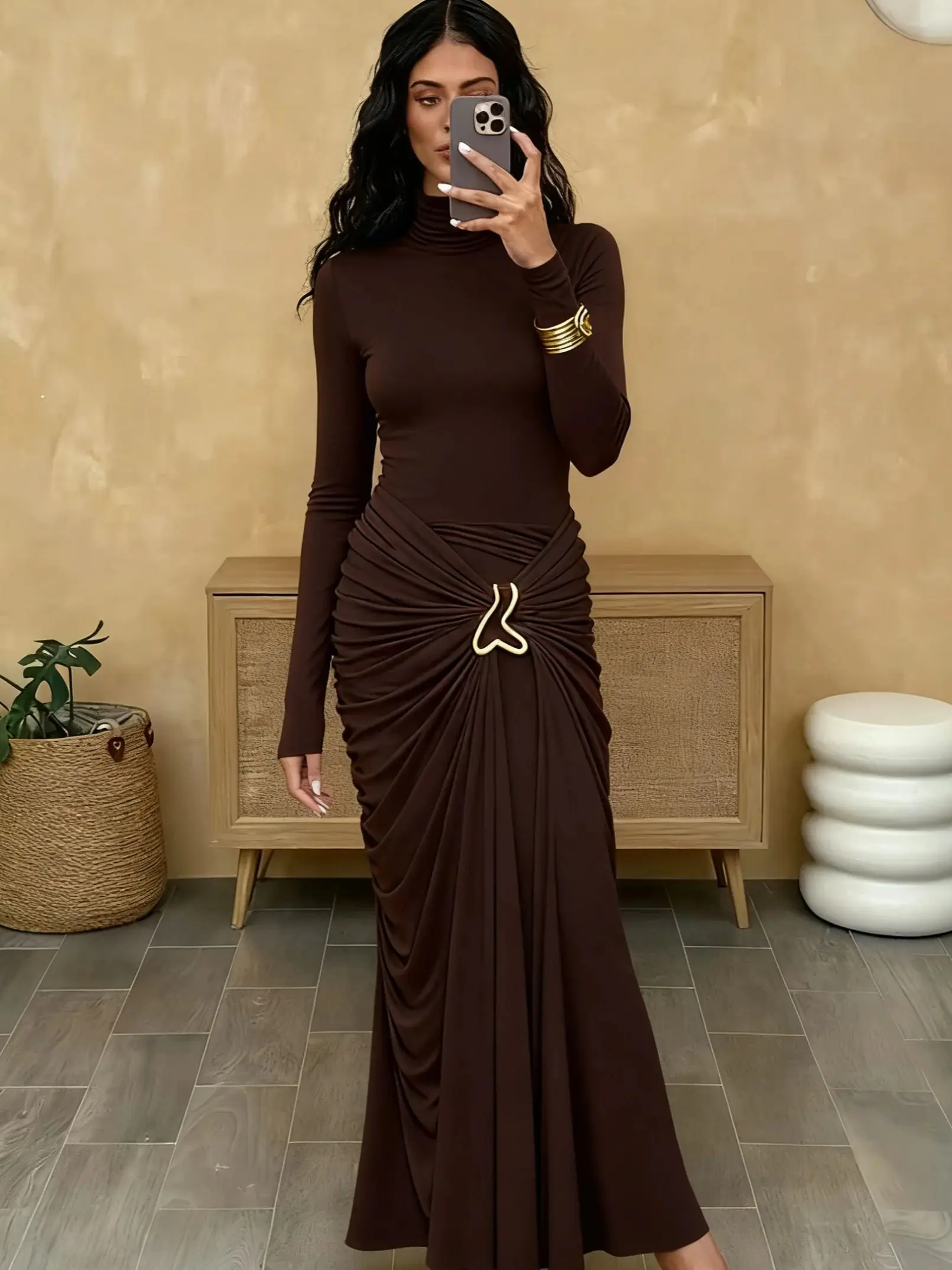 Weird Puss Elegant Ruched Dress Women Autumn Metal Trim o-Neck High Elasticity Trend Vacation Skinny Prom Party Chic Vestidos