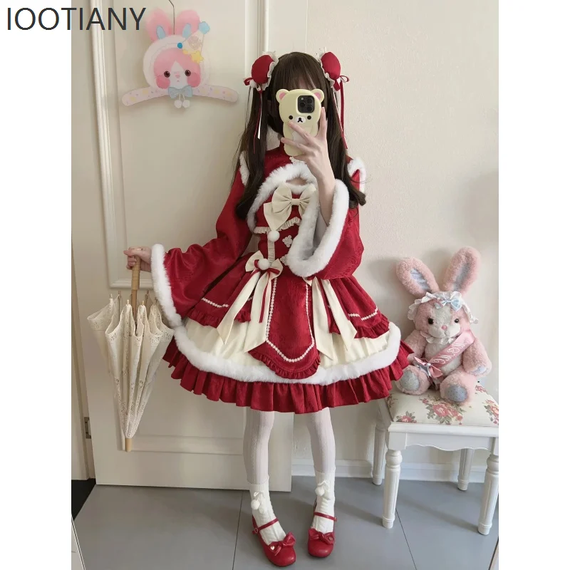 

IOOTIANY Harajuku Original Style Japanese Lolita Kawaii Dress New Year Jsk Suspender Dress Winter Red Pink Suit Cute Sweet Dress
