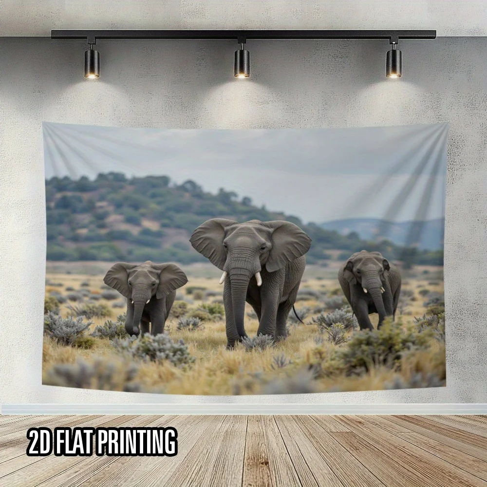 2D Flat Print 1pc Tapestry, African Savannah Elephant Family Wall Hanging, Animal Tapestry, Bedroom Decor, Room Accent