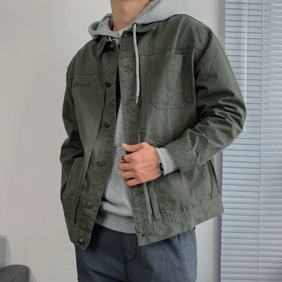 Denim Jackets Man Khaki Cargo Jeans Coat for Men Vintage Large