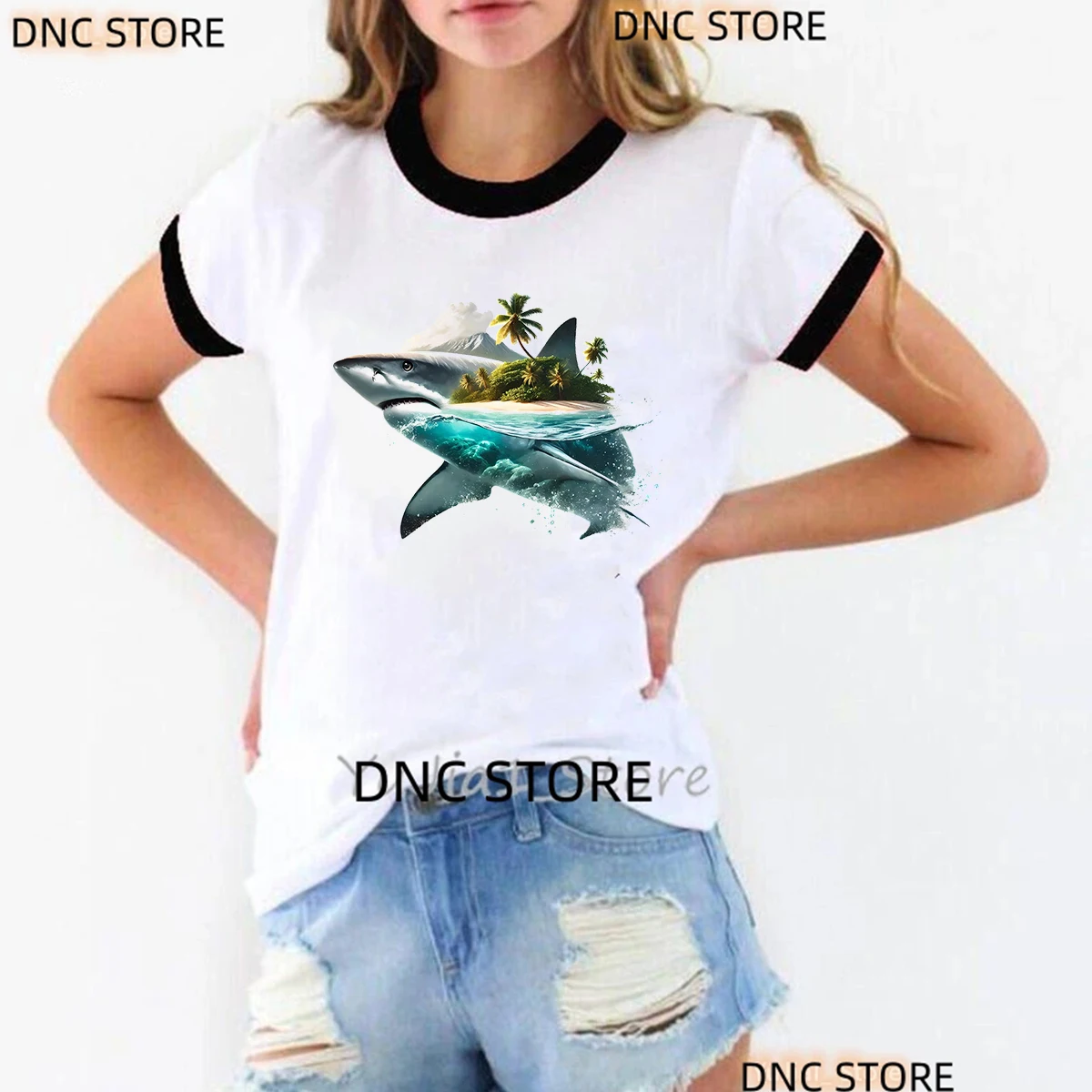 

Marine Organism Shark Print T-Shirt Women'S Short Sleeved Summer Beach Whale Diving Travel Pure Casual T Shirt Femme Tops