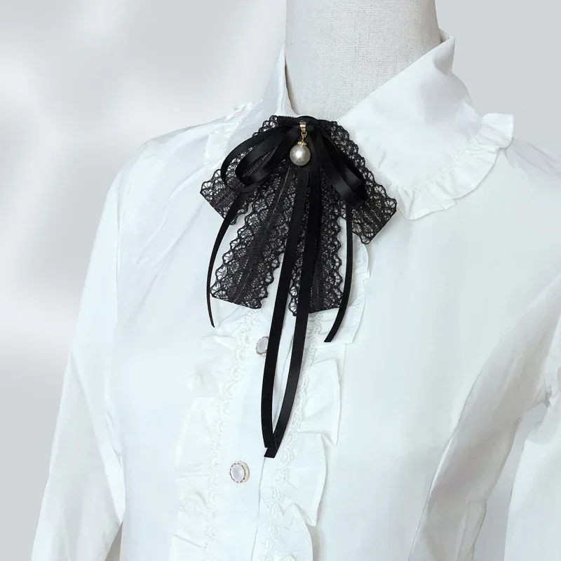 Simple Pearl Bow Tie Shirt Collar Pin Black Female Ribbon Fabric Lace Bowtie Brooch Fashion Student School Clothing Accessories