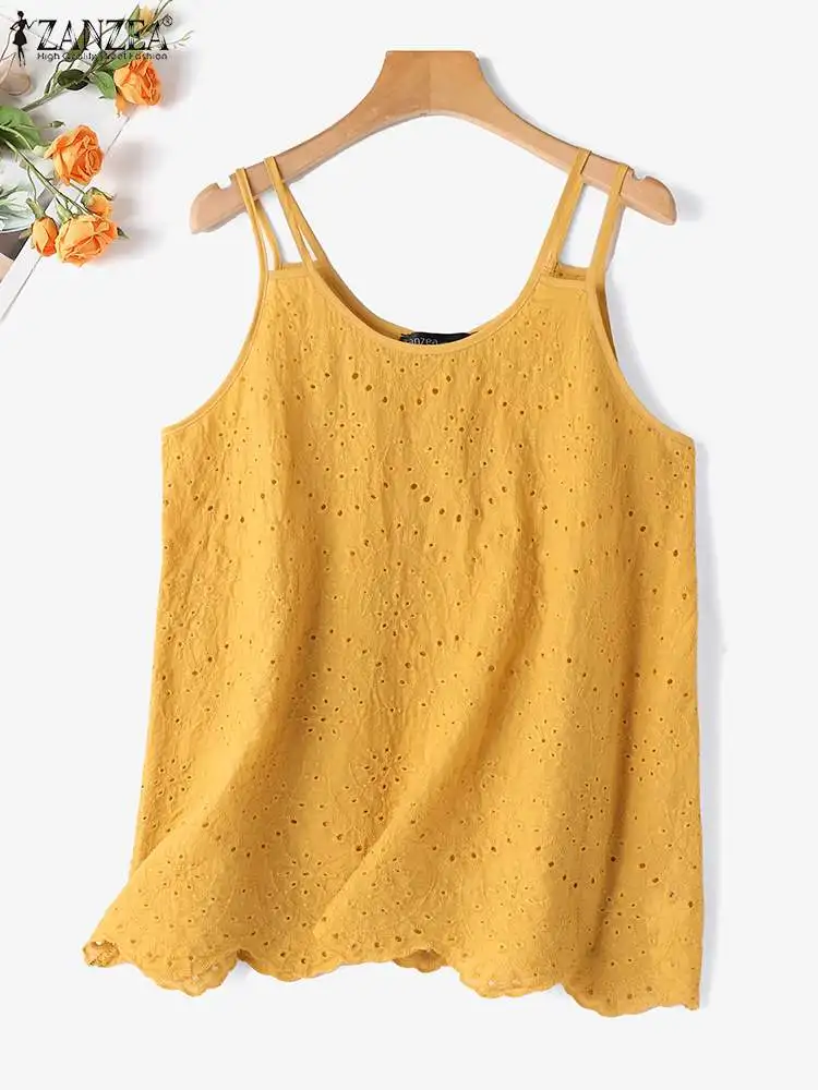 ZANZEA Summer Vacation Tunic Tops Women 2024 Fashion Solid Color Hollow Out Embroidery Tanks Loose Sleeveless Casual Blouses