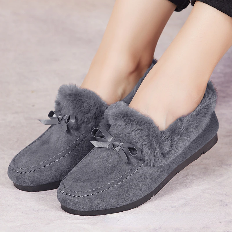 Women Winter Casual Shoes New Moccasins Soft Flat Non-slip Loafers Fashion Comfort Warm Plush Bow Slip on Female Cotton Shoes