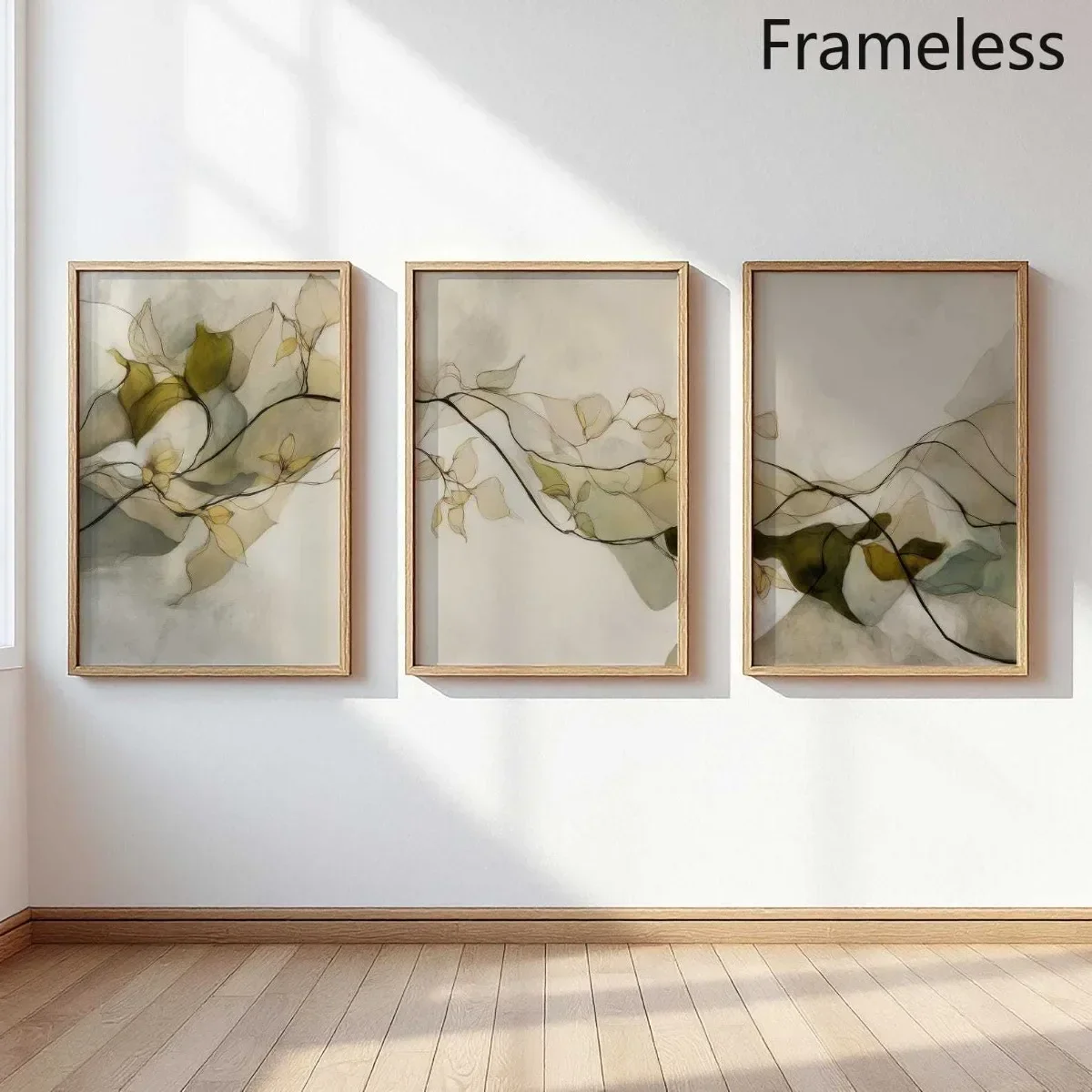 2D Flat, 2D Flat 3pcs Botanical Line Art Triptych, Olive Beige Abstract Leaf Prints, Minimal Japandi Wall Art for Living Room