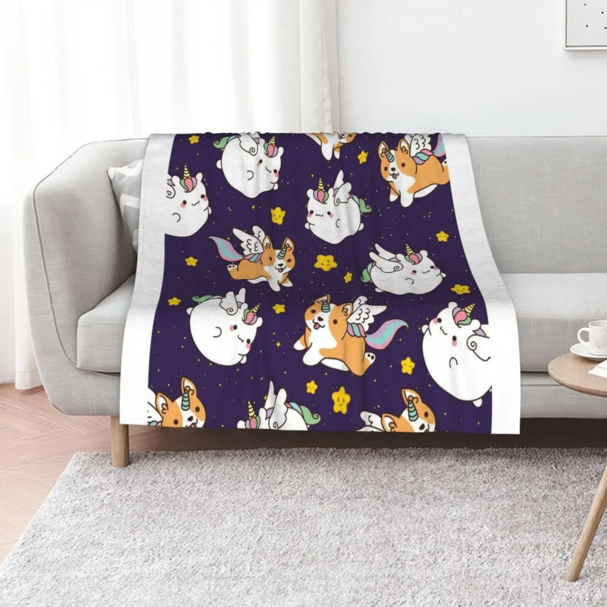 Unicorn and Corgi Unicorn Flying in the Sky Throw Blanket Comforter Picnic Luxury Nap Hair Blankets